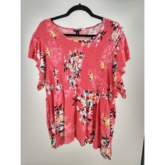 Torrid Babydoll Top Plus 5X Floral‎ Cotton Crew Neck Smocked Bodice Print Pink - Picture 1 of 9